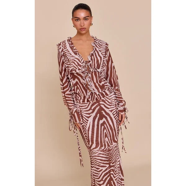 Brown Zebra Print Chiffon Ruffle Tie Front Blouse