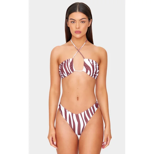 Brown Zebra Print Halter Tie Bikini Top