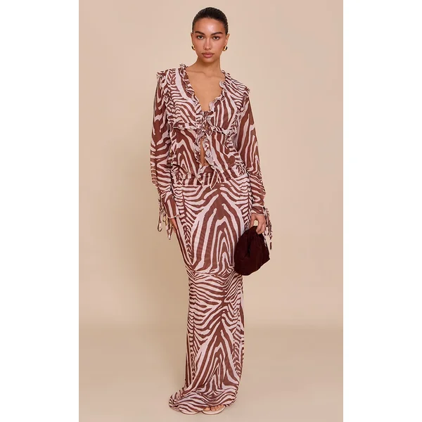 Brown Zebra Print Ruched Chiffon Maxi Skirt