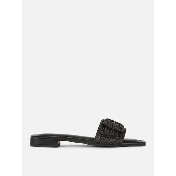 Buckle Strap Raffia Mule Sandals - Black