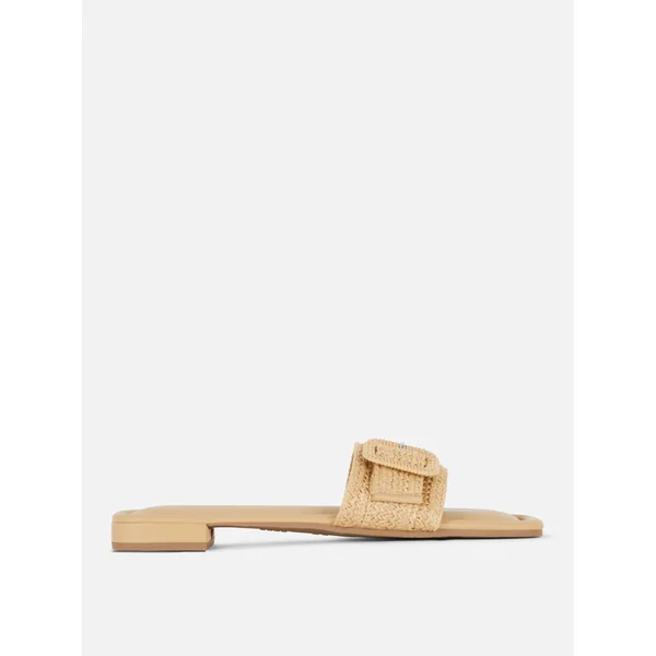 Buckle Strap Raffia Mule Sandals - Natural