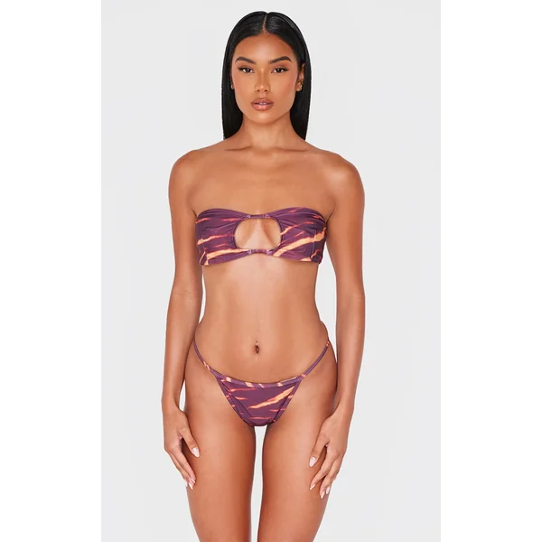 Burgundy Abstract Print Bandeau Cut Out Bikini Top