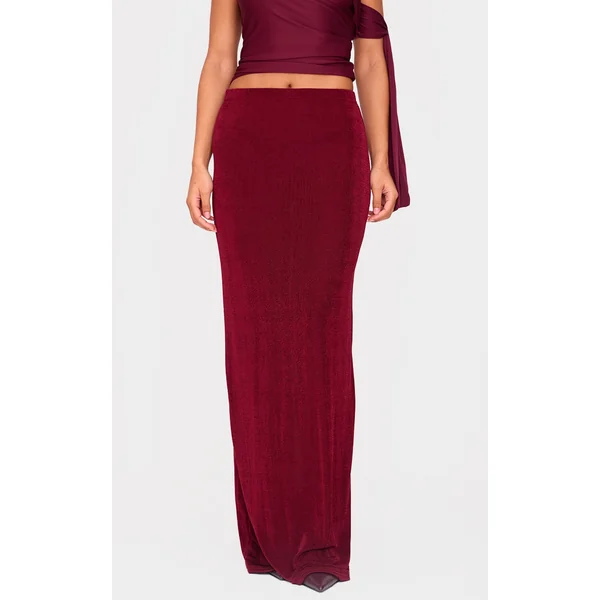 Burgundy Acetate Slinky Low Rise Maxi Skirt