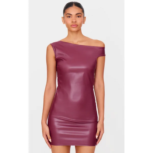 Burgundy Asymmetric Off Shoulder Faux Leather Mini Dress