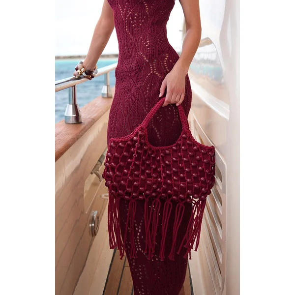 Burgundy Beaded Macrame Tassel Beach Bag