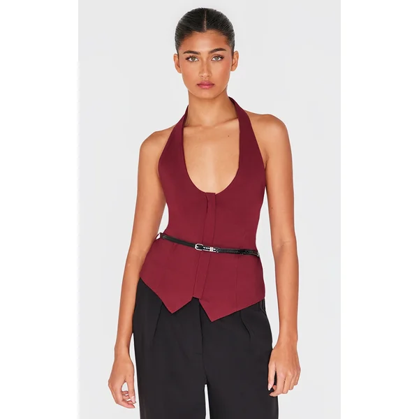 Burgundy Bengaline Belted Halterneck Long Top