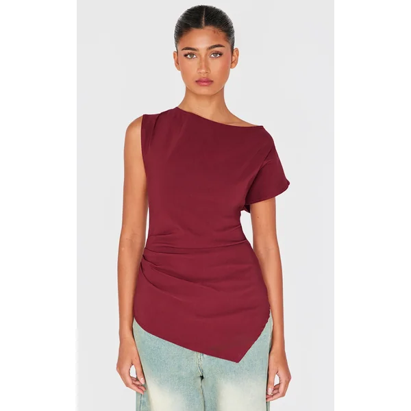 Burgundy Bengaline Slouch Asymmetric Long Top