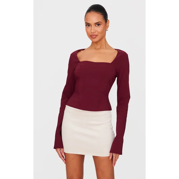 Burgundy Bengaline Square Neck Long Sleeve Top