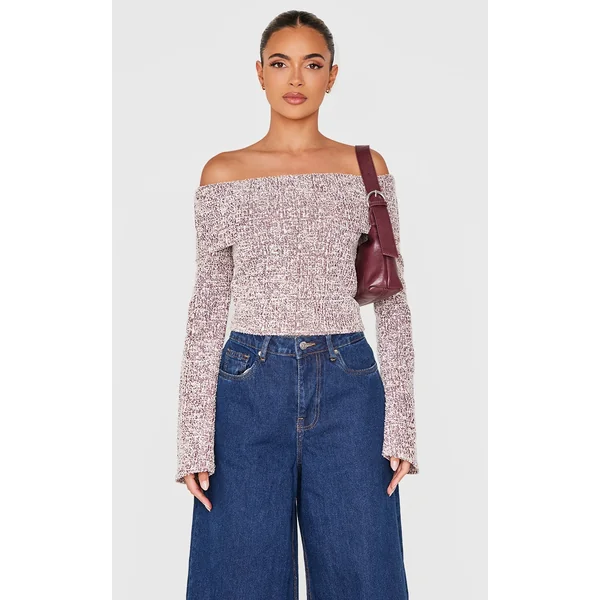 Burgundy Boucle Fold Over Bardot Long Sleeve Top