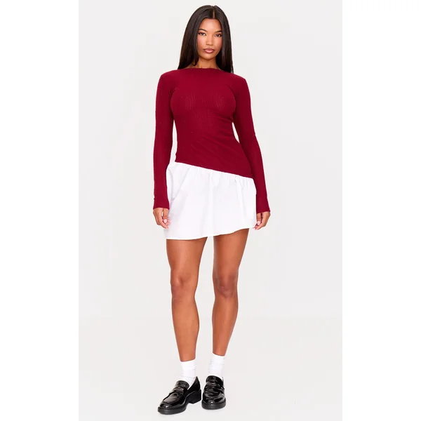 Burgundy Brushed Rib Asymmetric Hem Shift Dress