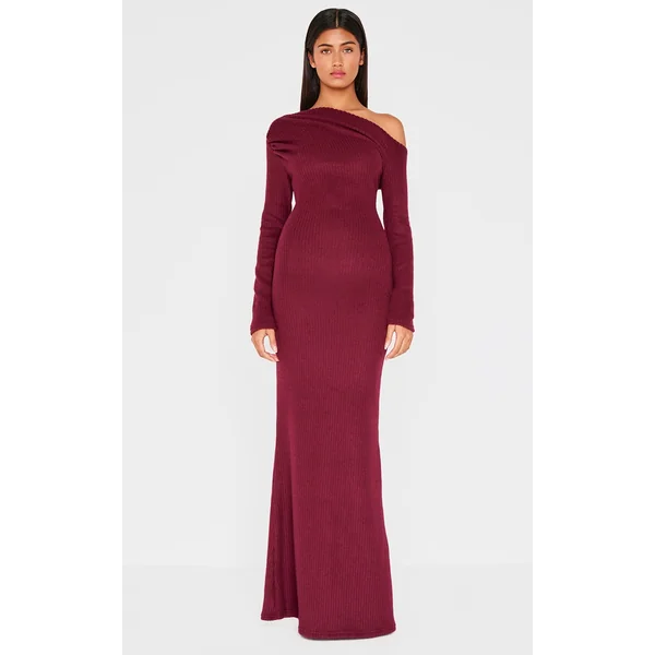 Burgundy Brushed Rib Asymmetric Maxi Dress