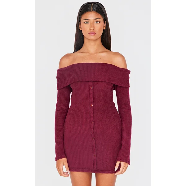 Burgundy Brushed Rib Button Down Bodycon Dress