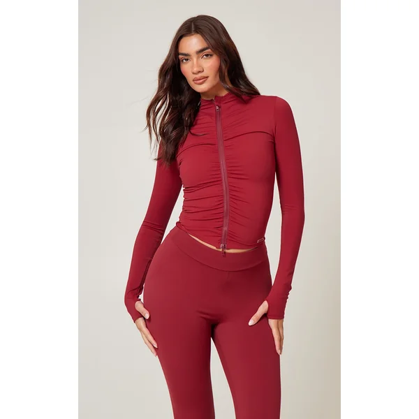 Burgundy Brushed Sculpt Ruched Front Zip Up Sport Jacket