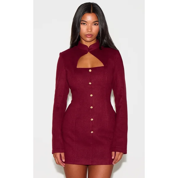 Burgundy Brushed Woven Long Sleeve Button Detail Mini Dress