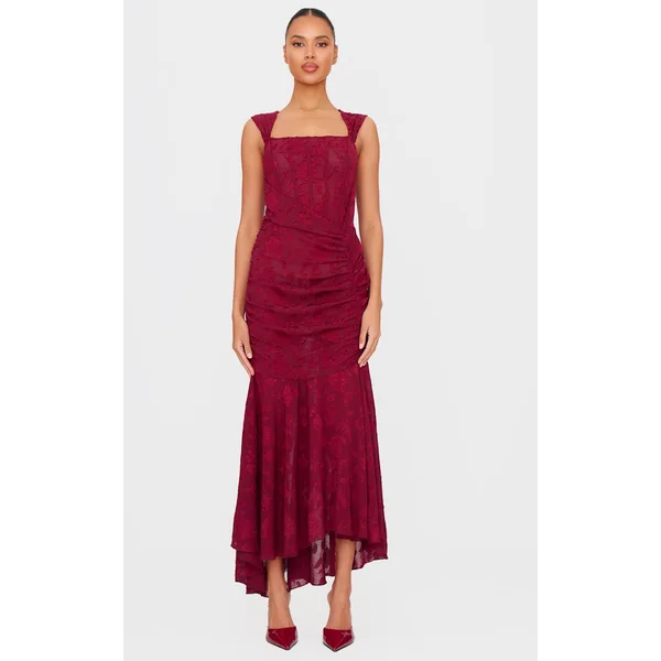 Burgundy Burnout Ruched Midi Dress