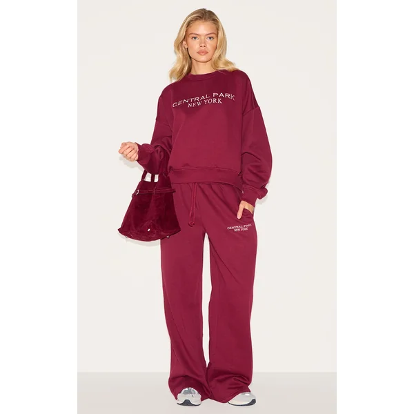 Burgundy Central Park Embroidered Wide Leg Sweatpants