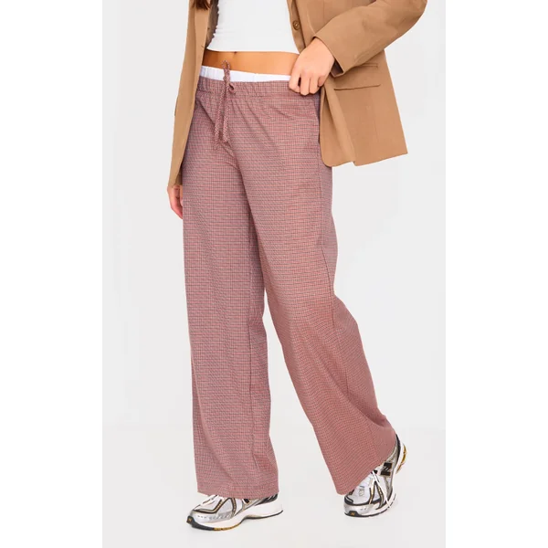 Burgundy Check Print Boxer Waistband Detail Straight Leg Pants