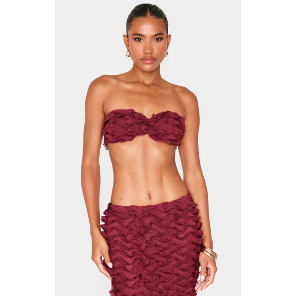 Burgundy Chiffon Ruffle Bandeau Top