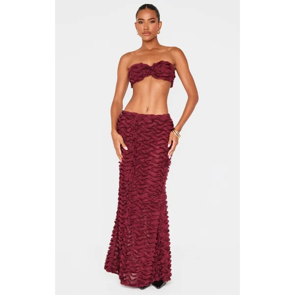 Burgundy Chiffon Ruffle Low Rise Maxi Skirt