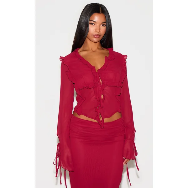 Burgundy Chiffon Ruffle Tie Front Blouse