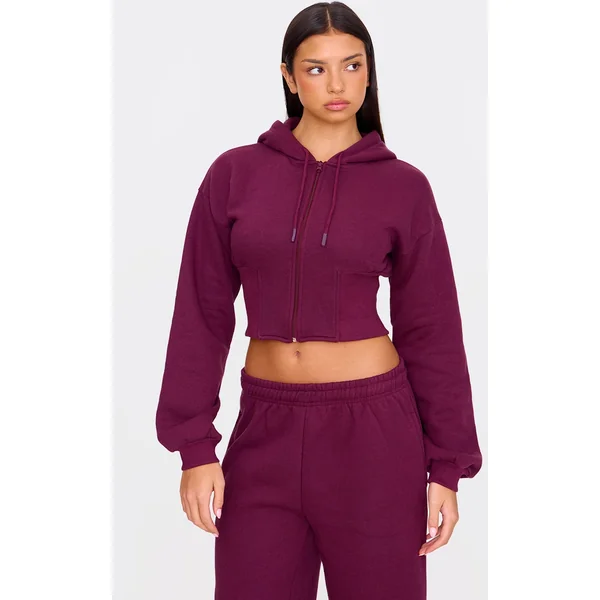 Burgundy Cinched Waist Cropped Zip Up Hoodie