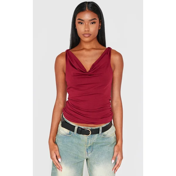 Burgundy Contour Jersey Cowl Neck Ruched Side Long Top