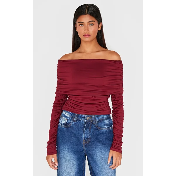 Burgundy Contour Jersey Extreme Fold Over Ruched Detail Long Sleeve Top