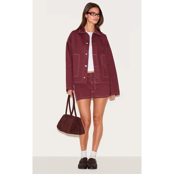 Burgundy Contrast Stitch Denim Mini Skirt