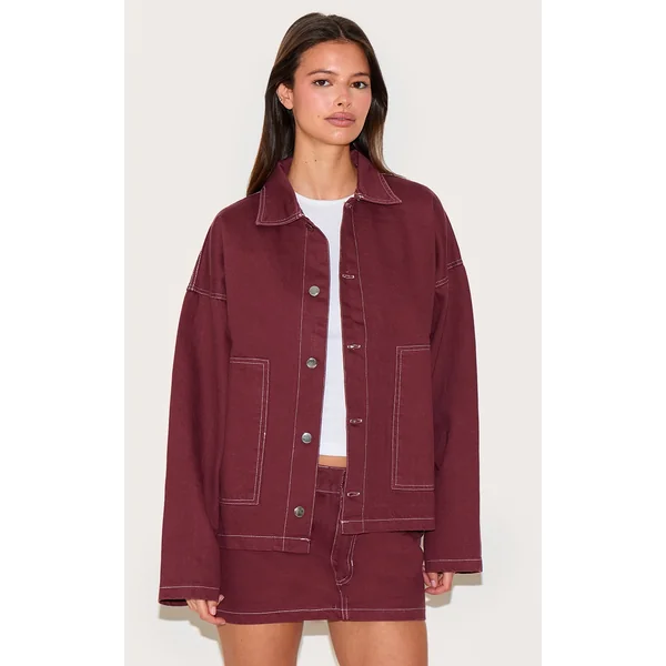 Burgundy Contrast Stitch Pocket Patch Detail Denim Shirt