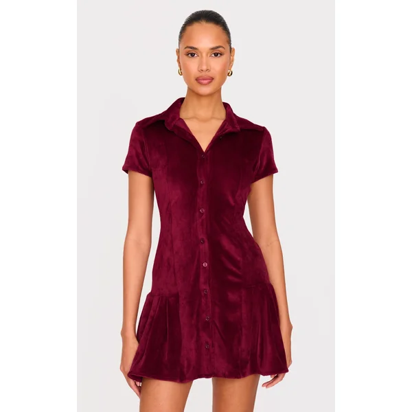 Burgundy Cord Button Down Cap Sleeve Pleated Hem Shift Dress