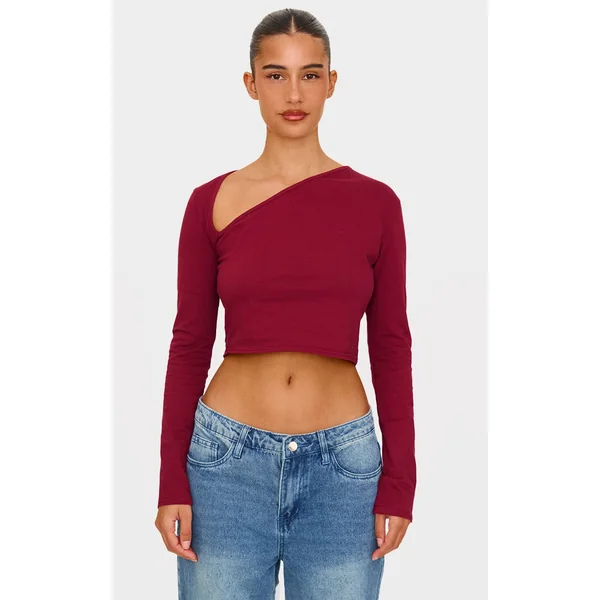 Burgundy Cotton Asymmetric Neck Detail Long Sleeve Top