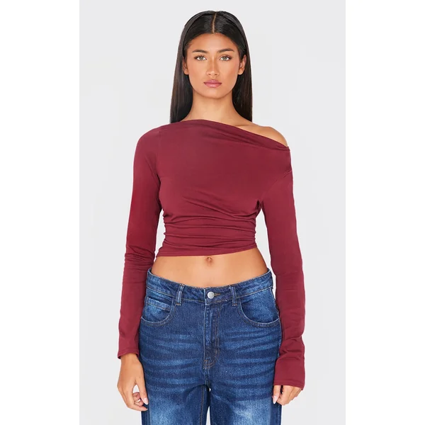 Burgundy Cotton Asymmetric Shoulder Long Top