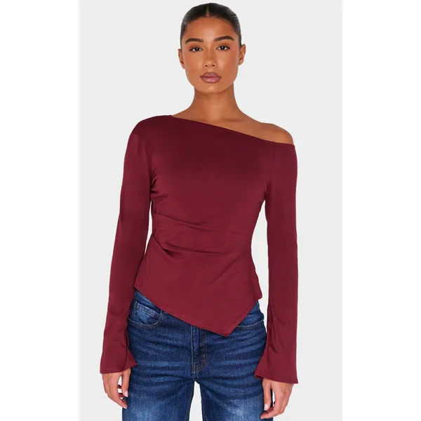 Burgundy Cotton Ruched Side Long Sleeve Top