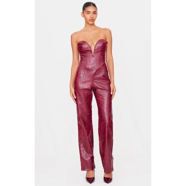 Burgundy Croc Faux Leather Bandeau Plunge Straight Leg Jumpsuit