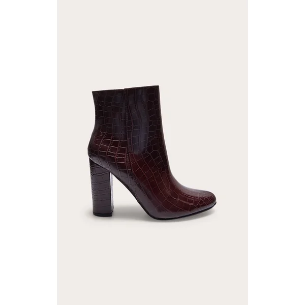 Burgundy Croc PU Block Heel Ankle Boots
