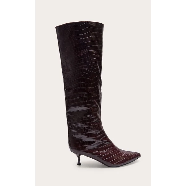 Burgundy Croc PU Point Toe Low Heel Knee High Boots