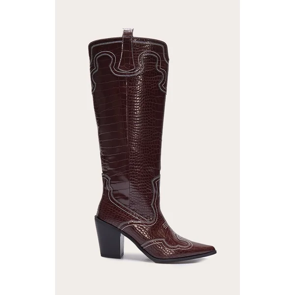 Burgundy Croc Pu Point Toe Western Stitch Knee High Block Heeled Boots