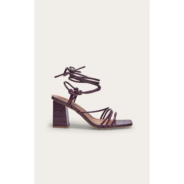 Burgundy Croc PU Square Toe Strappy Low Block Heeled Sandals
