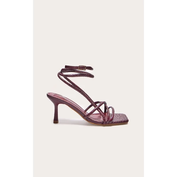 Burgundy Croc PU Square Toe Tube Strappy Mid Stiletto Heeled Sandals