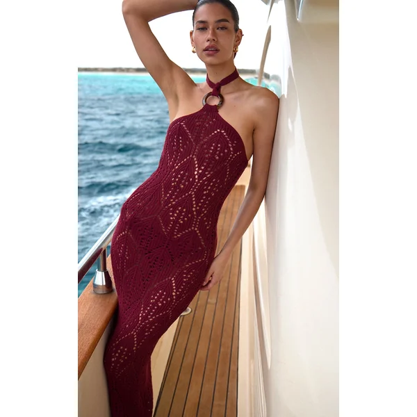 Burgundy Crochet Halter Neck Maxi Beach Dress