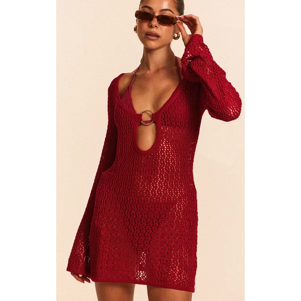 Burgundy Crochet O Ring Mini Beach Dress