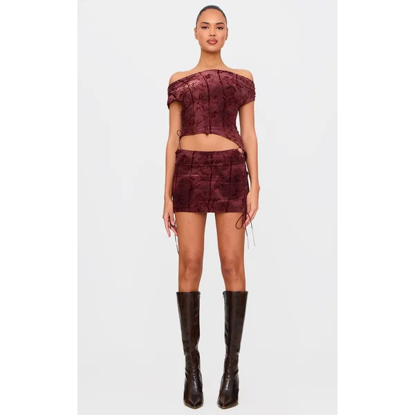 Burgundy Devore Tie Detail Micro Mini Skirt
