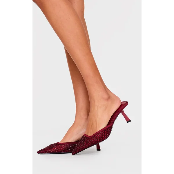 Burgundy Diamante Mesh Point Toe Mid Stiletto Heeled Mules