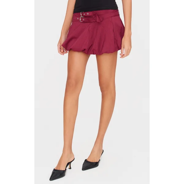 Burgundy Double Belt Detail Puffball Mini Skirt