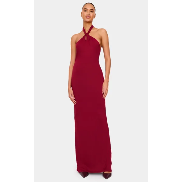 Burgundy Double Contour Halterneck Low Back Maxi Dress