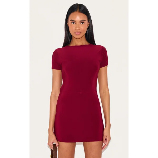 Burgundy Double Layer Cap Sleeve Slinky Skort Romper