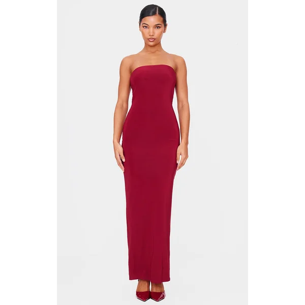 Burgundy Double Layer Slinky Bandeau Low Back Maxi Dress
