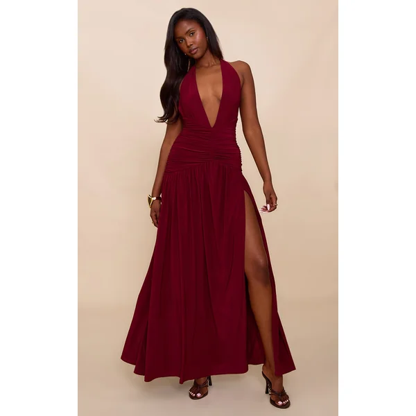 Burgundy Double Layer Slinky Ruched Maxi