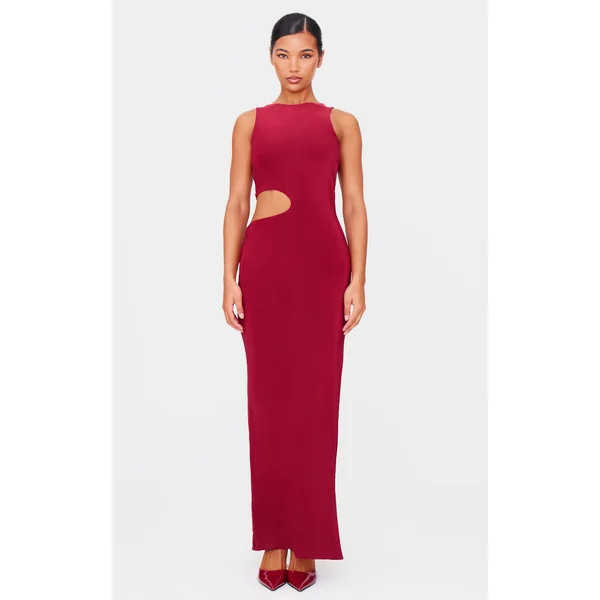 Burgundy Double Layer Slinky Tie Back Maxi Dress