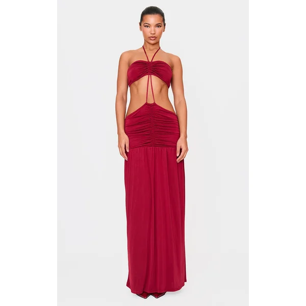 Burgundy Double Layer Slinky Tie Neck Cut Out Maxi Dress